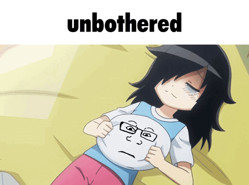 A Girl With Glasses Is Laying On A Bed With The Word Unbothered Below Her GIF