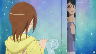 A Girl With Glasses Is Standing In A Doorway GIF
