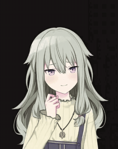 A Girl With Gray Hair And Blue Eyes Is Wearing A Necklace GIF