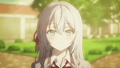 A Girl With Gray Hair And Green Eyes Is Smiling GIF