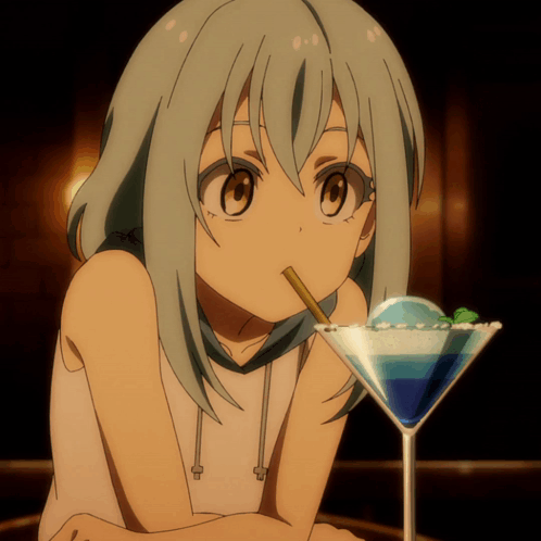 A Girl With Gray Hair Drinking From A Martini Glass GIF