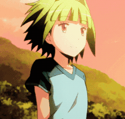A Girl With Green Hair And A Blue Shirt Is Standing In A Field GIF