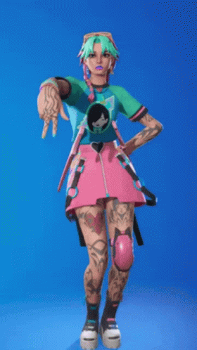 A Girl With Green Hair And A Pink Skirt Is Dancing In A Video Game Against A Blue Background . GIF