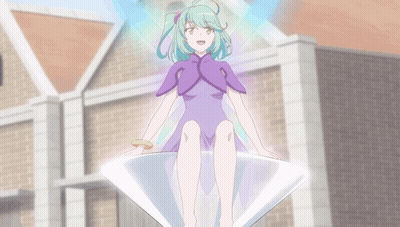 A Girl With Green Hair And A Purple Cape Is Sitting On A Diamond GIF