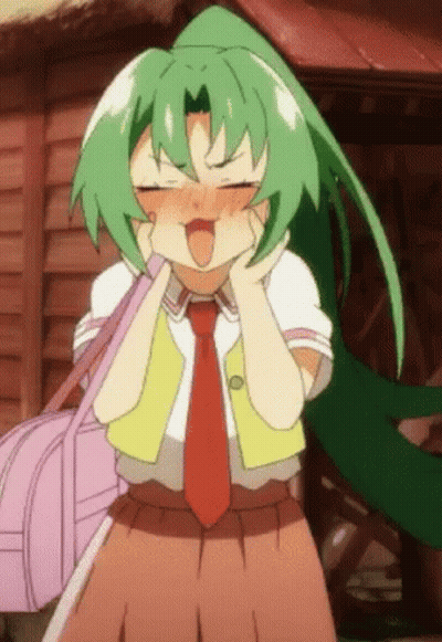 A Girl With Green Hair And A Red Tie Is Making A Face . GIF
