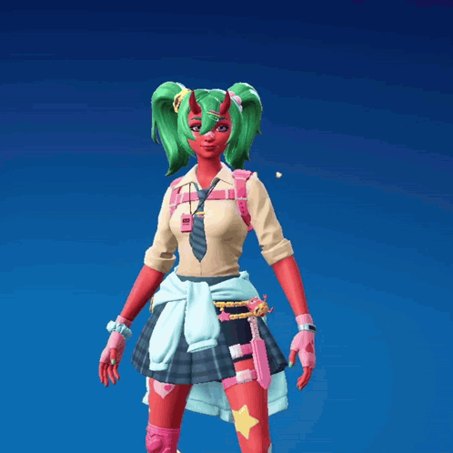 A Girl With Green Hair And Horns Is Wearing A Shirt That Says ' A ' On It GIF