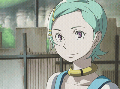 A Girl With Green Hair And Purple Eyes Is Wearing A Choker Around Her Neck GIF