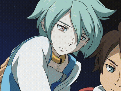 A Girl With Green Hair And Red Eyes Is Standing Next To A Boy With Brown Hair GIF