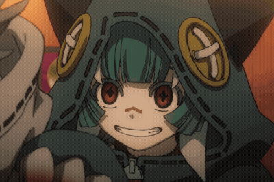 A Girl With Green Hair And Red Eyes Is Wearing A Hood And Smiling GIF