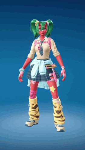 A Girl With Green Hair And Red Skin Is Wearing A School Uniform GIF