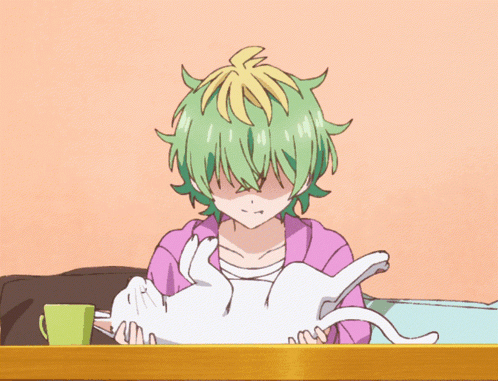 A Girl With Green Hair Holding A White Cat GIF