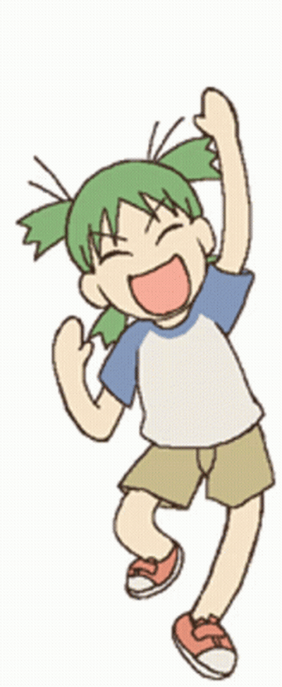 A Girl With Green Hair Is Jumping In The Air With Her Arms In The Air GIF