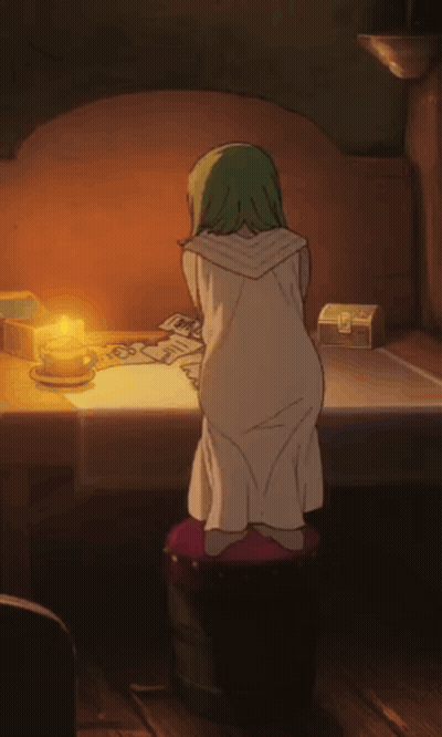 A Girl With Green Hair Is Kneeling In Front Of A Table GIF