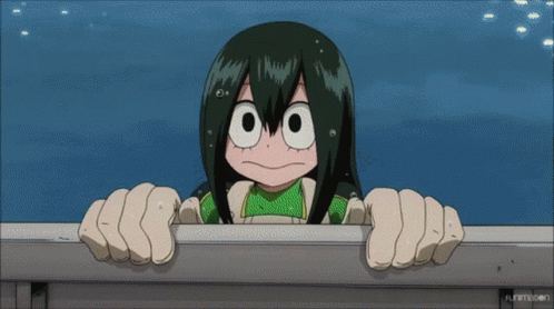 A Girl With Green Hair Is Looking Over A Railing . GIF