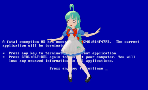 A Girl With Green Hair Is Standing In Front Of A Blue Screen That Says A Fatal Exception GIF