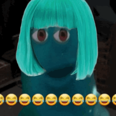 A Girl With Green Hair Is Surrounded By Yellow Laughing Emojis GIF
