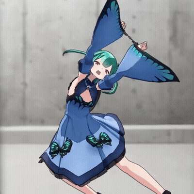 A Girl With Green Hair Is Wearing A Blue Dress With Butterfly Wings GIF