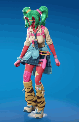 A Girl With Green Hair Is Wearing A Tiger Print Skirt And Knee Pads GIF