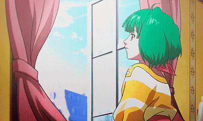 A Girl With Green Hair Looking Out A Window GIF