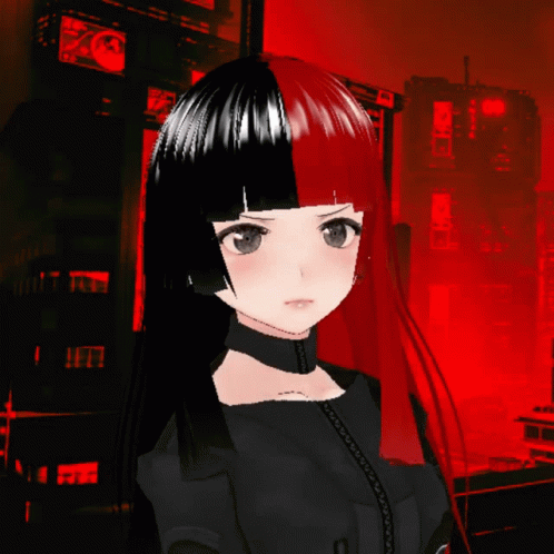 A Girl With Half Black And Half Red Hair Stands In Front Of A Red Background GIF