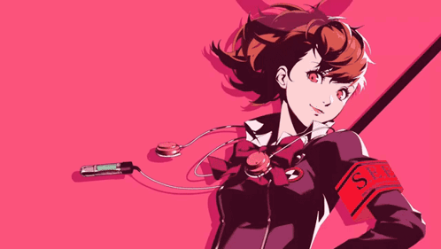 A Girl With Headphones And A Badge That Says S On It GIF