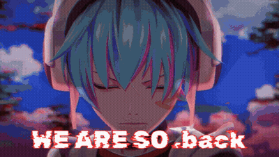 A Girl With Headphones And The Words " We Are So Back " GIF