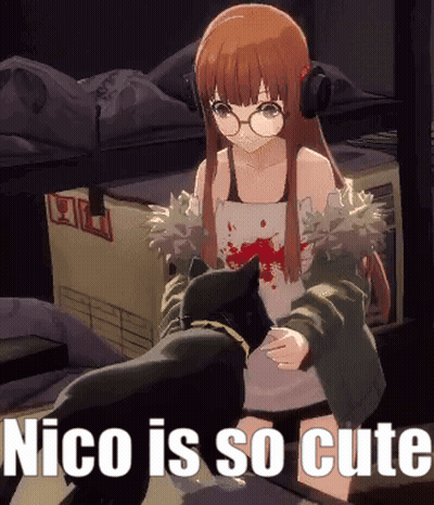 A Girl With Headphones Is Petting A Black Cat And The Caption Says Nico Is So Cute GIF