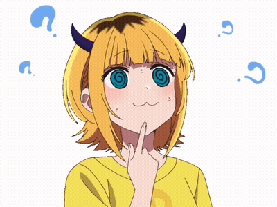A Girl With Horns And A Spiral In Her Eyes Is Surrounded By Question Marks GIF