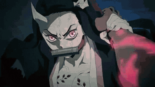 A Girl With Horns And Red Eyes Is Holding A Bloody Hand GIF