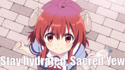 A Girl With Horns Is Holding A Bottle Of Water With The Words Stay Hydrated Sacred Yeah Written Below Her GIF