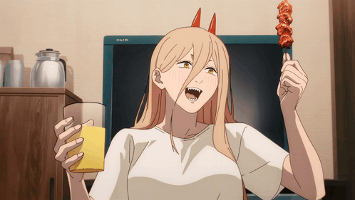 A Girl With Horns Is Holding A Skewer And A Glass Of Orange Juice In Front Of A Flat Screen Tv GIF