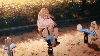 A Girl With Horns Is Sitting On A Seesaw In A Playground GIF
