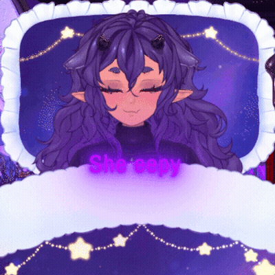 A Girl With Horns Is Sleeping In A Bed With The Words She Sleepy Glowing In Purple GIF