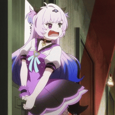 A Girl With Horns Is Standing In A Doorway With Her Mouth Open GIF