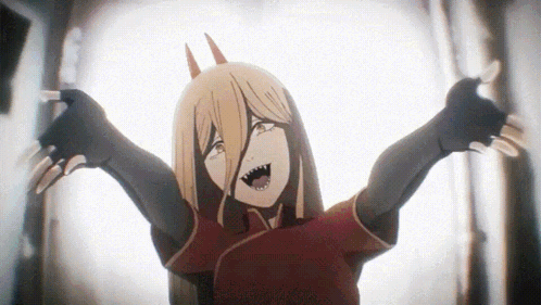 A Girl With Horns Is Standing In Front Of A Window With Her Arms Outstretched And Her Mouth Open . GIF