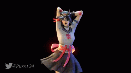 A Girl With Horns On Her Head Is Dancing In Front Of A Twitter Logo That Says @Purx124 GIF