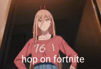 A Girl With Horns On Her Head Is Standing In Front Of A Black Wall And Says `` Hop On Fortnite '' . GIF