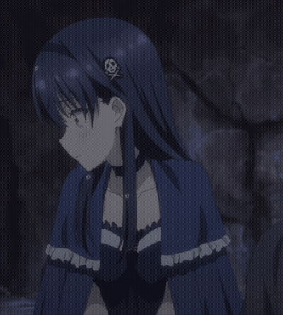 A Girl With Long Black Hair And A Choker On Her Neck Is Smiling With Her Eyes Closed GIF