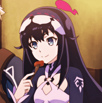 a girl with long black hair and blue eyes is eating a piece of food with a fork