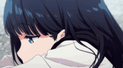 A Girl With Long Black Hair And Blue Eyes Is Looking Down GIF