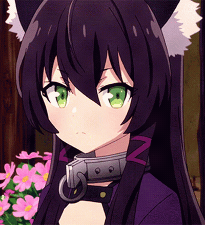 A Girl With Long Black Hair And Green Eyes Is Wearing A Collar GIF
