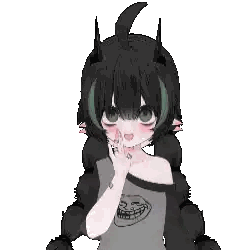 A Girl With Long Black Hair And Green Eyes Is Wearing A T-Shirt With A Troll Face On It And Has Horns . Sticker