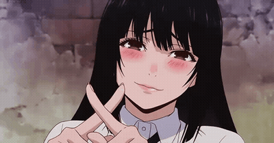 A Girl With Long Black Hair And Red Eyes Is Making A Peace Sign With Her Fingers . GIF