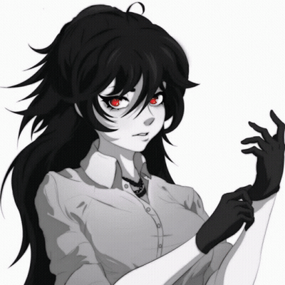 A Girl With Long Black Hair And Red Eyes Is Wearing Black Gloves GIF