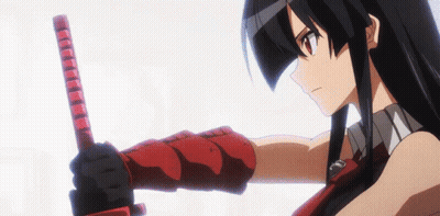 A Girl With Long Black Hair And Red Gloves Is Holding A Red Sword GIF