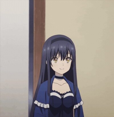 A Girl With Long Black Hair And Yellow Eyes Is Smiling GIF