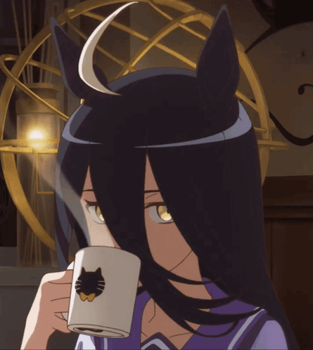 A Girl With Long Black Hair Drinking From A White Cup With A Cat On It GIF