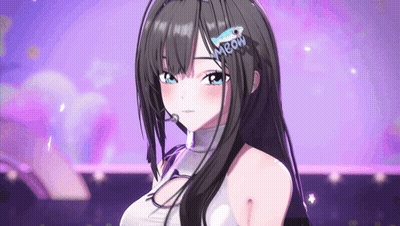 A Girl With Long Black Hair Has A Meow Sticker On Her Hair GIF