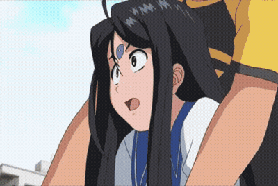 A Girl With Long Black Hair Is Being Held Up By A Man In A Yellow Shirt GIF