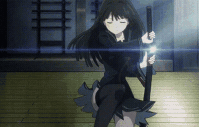 A Girl With Long Black Hair Is Holding A Samurai Sword GIF